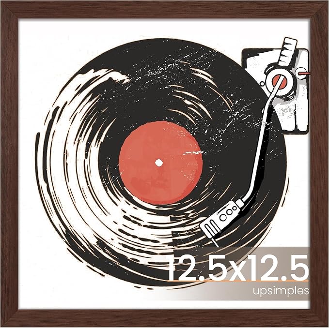 upsimples Vinyl Record Frame, Display Pictures 10x10 with Mat or 12.5 x 12.5 Without, Wall Hanging Album Cover Frames, Brown, 1 Pack