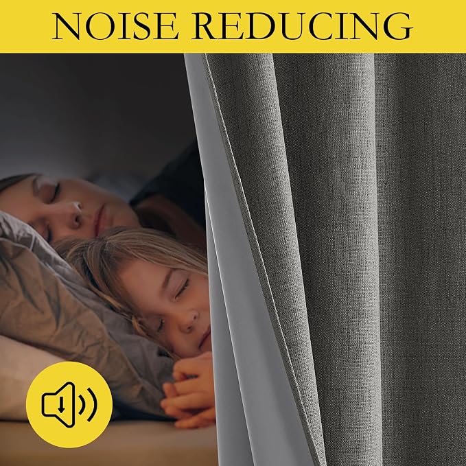 NICETOWN Grizzle Gray Vintage Linen 100% Blackout Curtains for Living Room, Thermal Insulated Curtains 102“ Long, Noise Reducing Window Treatment Drapes for Home Office, 62" Wide Per Panel, Set of 2