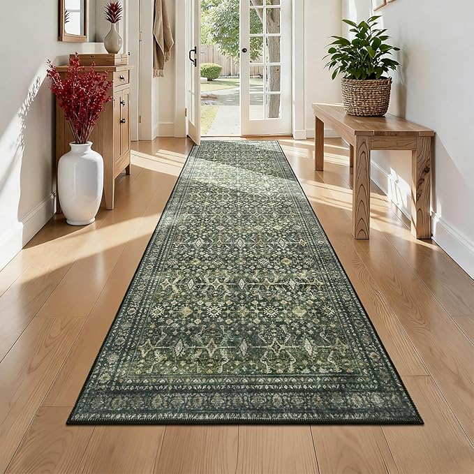3' X 12' Area Rugs for Hallways, Green Washable Non-Slip Kitchen Runner Rug | Low Pile Runner Rugs, Soft Carpet for Kitchen Bathroom Bedroom Laundry, Stain Resistant Foldable Vintage Distressed Rug