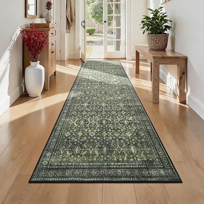3' X 10' Area Rugs for Hallways, Green Washable Non-Slip Kitchen Runner Rug | Low Pile Runner Rugs, Soft Carpet for Kitchen Bathroom Bedroom Laundry, Stain Resistant Foldable Vintage Distressed Rug