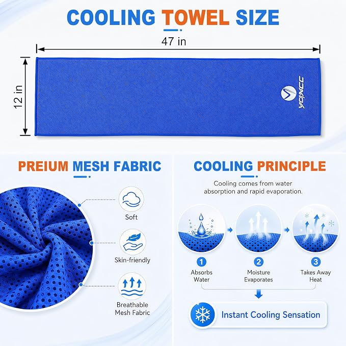 YQXCC 2 Pack Cooling Towels (47"x12"), Ice Cool Neck Towel, Soft Breathable Microfiber for Yoga, Golf, Gym, Running, Camping & Hot Weather