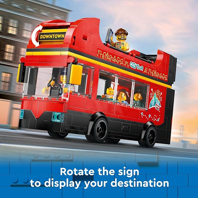 LEGO City Red Double-Decker Sightseeing Bus Toy Vehicle Set, Birthday Gift for 7 Year Olds, for Kids, Double-Decker London Bus Toy, 5 Characters Including a Baby and Stroller, 60407