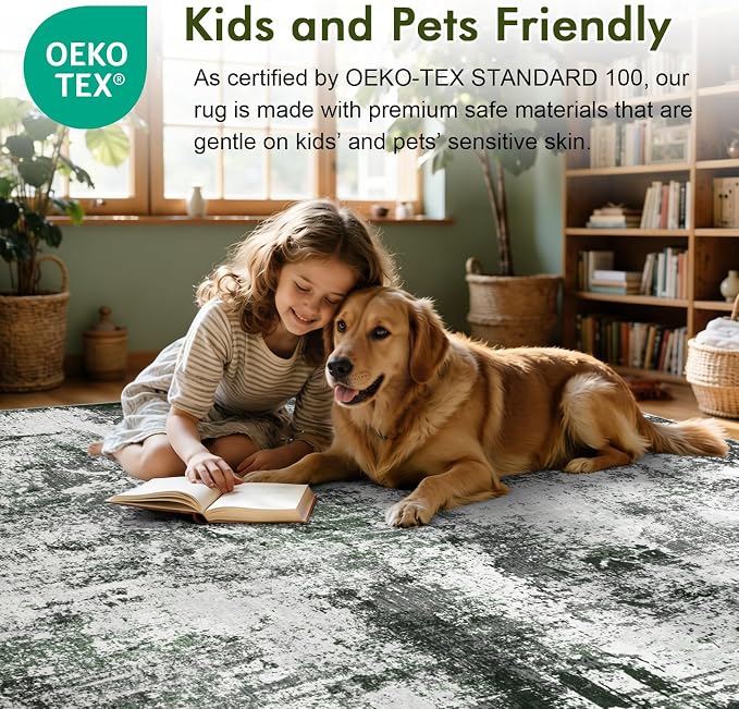 5x7 Ft Area Rugs for Living Room, Soft Non-Slip Washable Rugs Modern Abstract Pattern Carpet for Bedroom Indoor Floor Nursery Home Decor (Grey/Green)