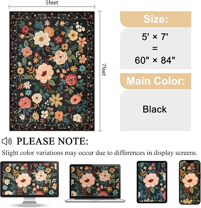 DUKINO 5x7 Area Rugs, Floral Washable Rug for Living Room Non Slip, Black | Soft, Low Pile, Stain Resistant Indoor Rug for Bedroom, Dining Room, Office, Pet Friendly, Lightweight, Modern Home Decor