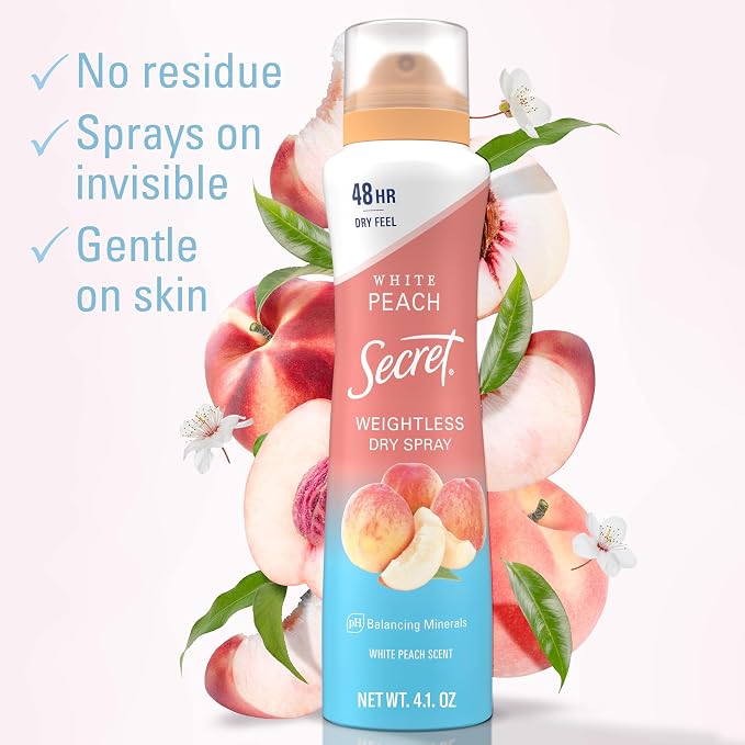 Secret Dry Spray Antiperspirant Deodorant for Women, 48hr Weightless Sweat & Odor Protection, Gentle on Skin, White Peach Scent, 4.1 oz (Pack of 3)