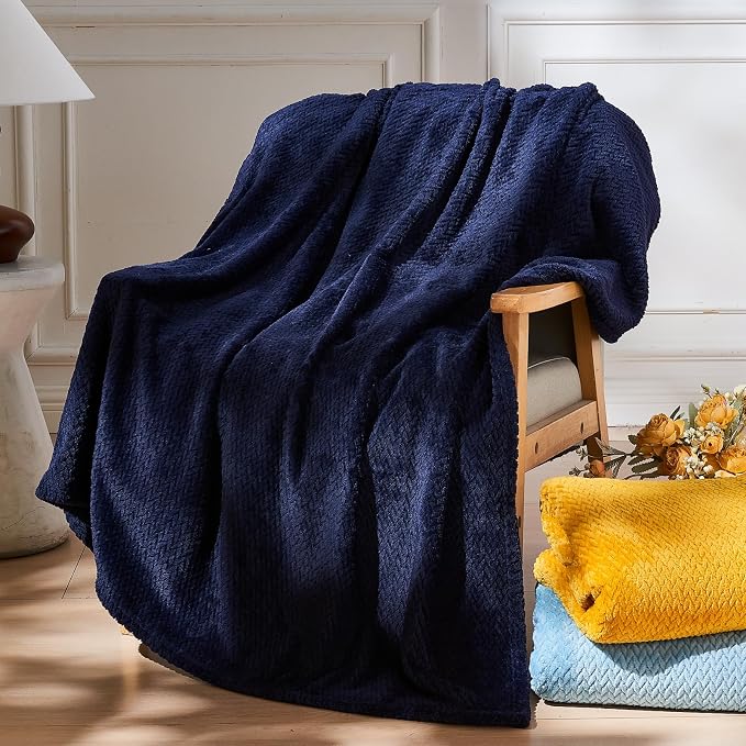NEWCOSPLAY Fleece Leaves Pattern King Blanket, Dark Navy, 90"x110" | Super Soft Throw Blanket, Lightweight Cozy Bed Sofa Blanket, Premium Silky Flannel Fleece, Travel Blanket for All Season Use