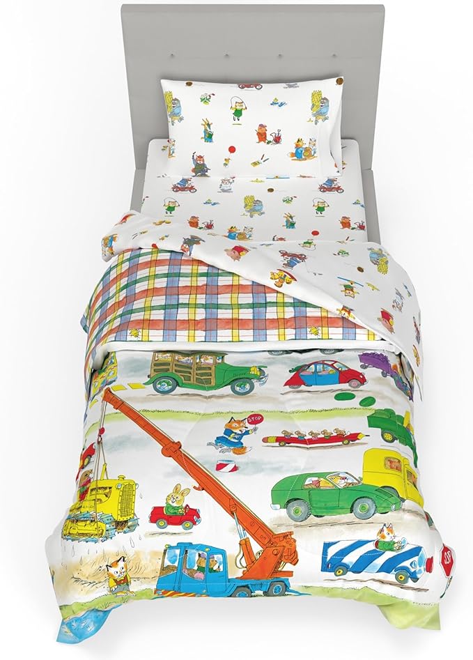Richard Scarry's Cars & Trucks Book Kids Bedding Set, Twin Size, 4-Piece Super Soft Cozy Reversible Comforter & Sheet Set (Officially Licensed Product) by Franco | Durable, Reversible, Officially Licensed