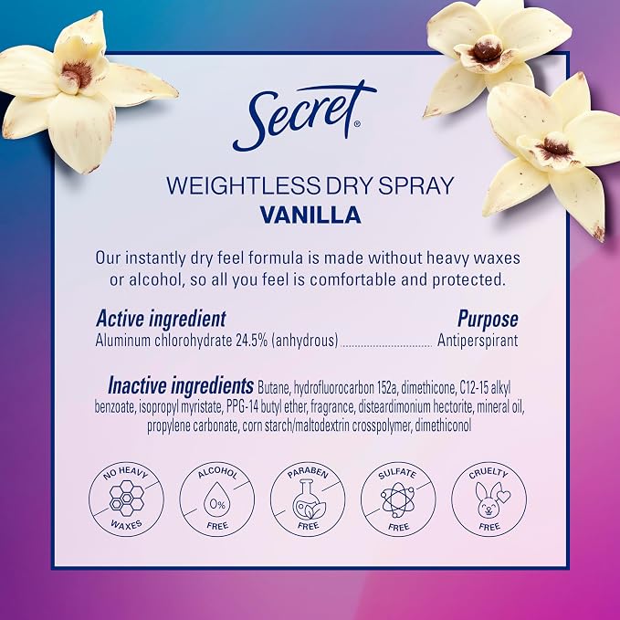 Secret Dry Spray Antiperspirant Deodorant for Women, 48hr Weightless Sweat & Odor Protection, Gentle on Skin, Cozy Vanilla Scent, 4.1 oz (Pack of 3)