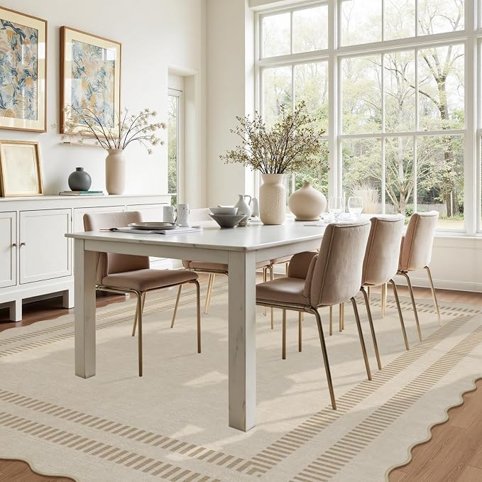 8x10 Area Rugs, Scalloped Grey Modern Living Room Rug, Solid Khaki Machine Washable Rug Non-Slip, Soft Lightweight Carpet for Bedroom Playroom Dining Room