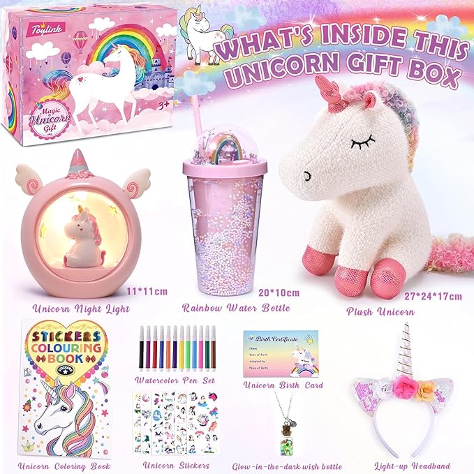 Unicorn Gift for Girls Toy Age 3 4 5 6 7 8 with Plush Stuffed Animal Water Bottle Night Light Headband DIY Color Book Pen, Christmas Birthday Gifts Idea Toys for Little Girl 3-10 Years Old