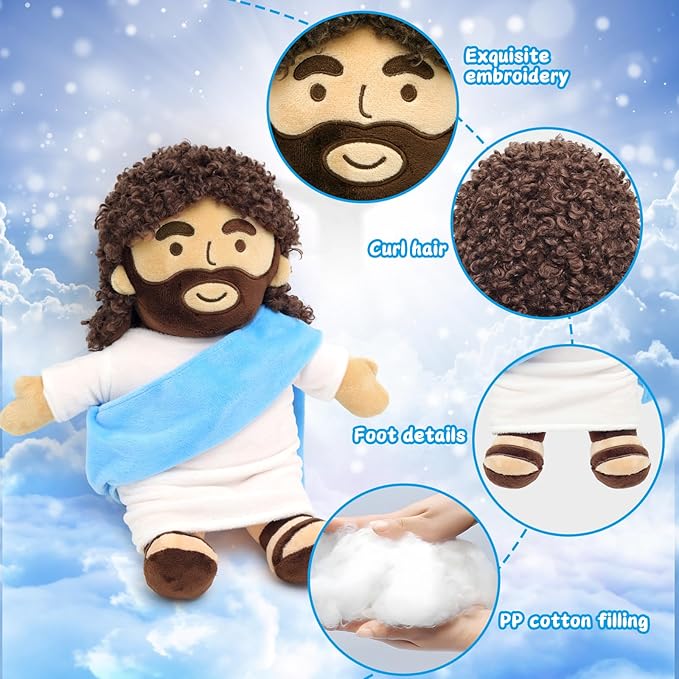 Jesus Plush 11.8" Jesus Stuffed Doll Curly Hair Plushies Toys Christian Stuff Religious Party Favors Gifts Christmas Easter Decoration Brown