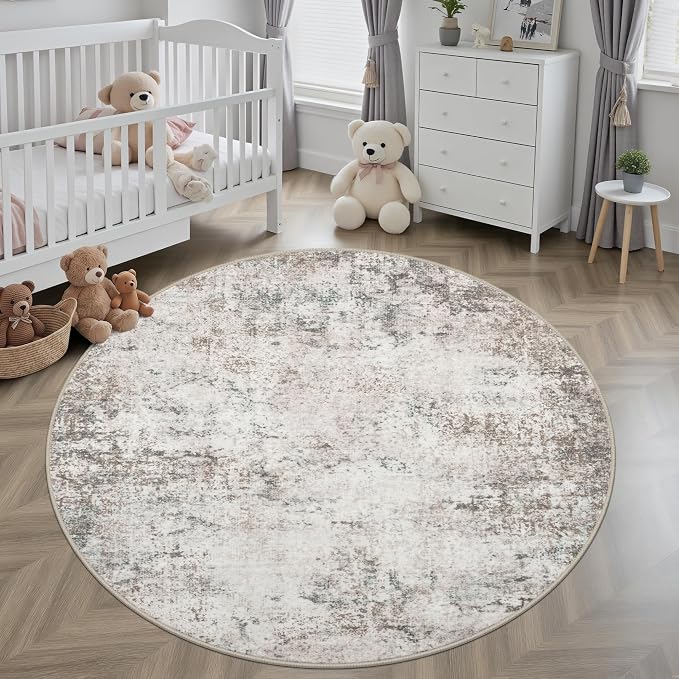 Round Area Rug for Living Room: 6 ft Washable Modern Abstract Soft Thin Rug Indoor Floor No Slip Stain Resistant Carpet for Bedroom Dining Room Farmhouse Nursery Home Office - Brown Grey