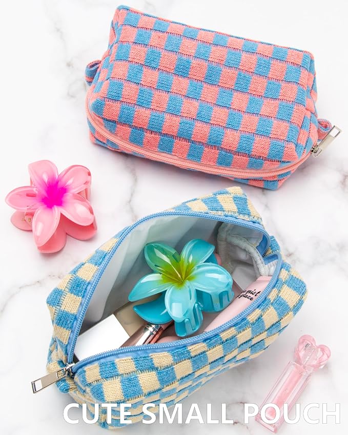 PAZIMIIK 6PCS Checkered Makeup Bag for Purse Portable Zipper Make Up Pouch Small Cosmetic Case for Travel Accessories Blue Beige