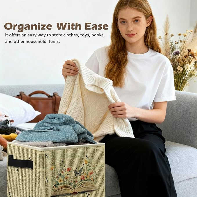 Vintage Book Storage Box Bins, Reading Corner Nook Room Decor, Bookish Librarian Gifts Collapsible Storage Basket Organizer for Home Library Classroom Clothes Books