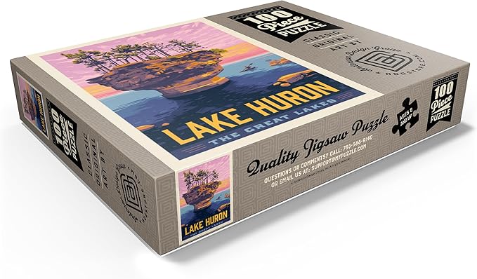 MyPuzzle Great Lakes: Lake Huron, Vintage Poster - Premium 100 Piece Jigsaw Puzzle for Adults