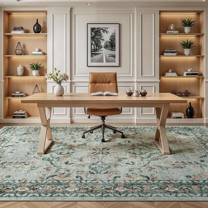 8x10 Area Rugs for Living Room,Washable Non-Slip Large Rug, Sage Green | Soft Carpets for Bedroom for Dining Room Home Office Indoor Nursery, Stain Resistant, Low Pile, Vintag Boho Distressed Rug