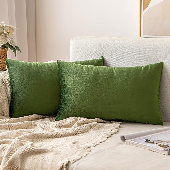 MIULEE 12x20 Inch Lumbar Velvet Throw Pillow Covers Moss Green | Pack of 2 Soft Solid Decorative Pillow Covers, Modern Luxury Home Decor, for Chair Couch Sofa Bedroom Livingroom