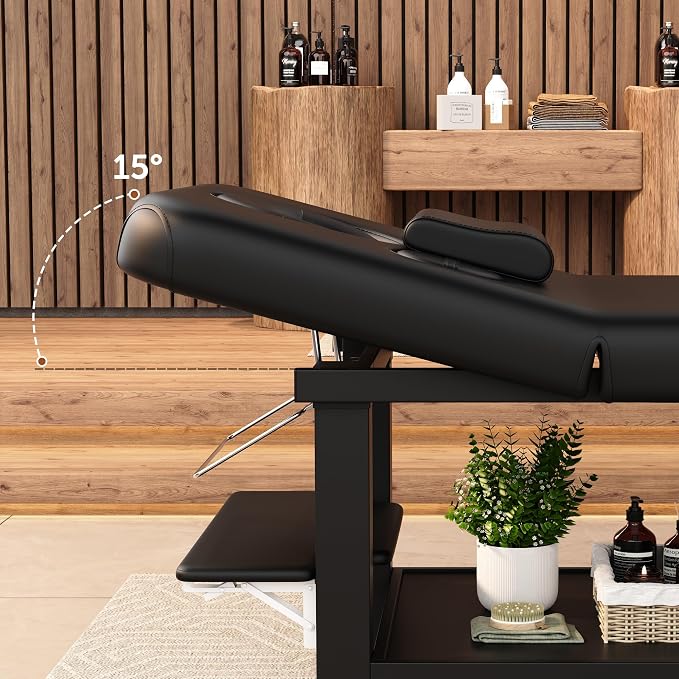 Extra Large 34''×80'' Folding Stationary Massage Table with Adjustable Backrest, Heavy-Duty Metal Frame PU Leather Treatment Bed for Spa, Physical Therapy, Tattoo, Facial & Medical Exam - Black