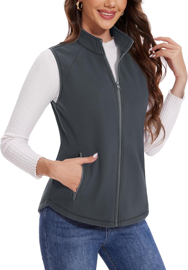 MAGCOMSEN Women's Fleece Vest with Zipper Pockets Zip Up Sleeveless Jackets Lightweight Soft Warm Polar Vest Outerwear