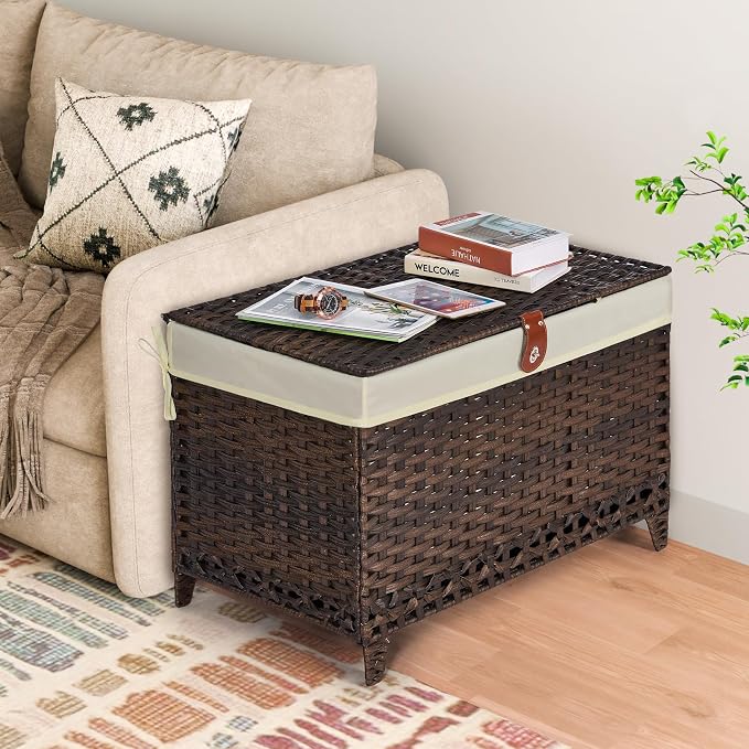 Wicker Storage Basket with Lid, 200L Storage Bin with Removable Liner Bag | Rattan-Inspired Shelf Basket Design, Storage Trunk with Heightened Feet, Wardrobe Storage Container & Home Organizer