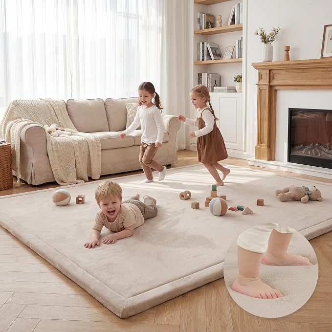 Baby Play Mat for Floor,1.3" Thick Elasti Foam Tummy Time Mat,79"×158“ Extra Large Soft Coral Velvet Nursery Rug,Non Slip Safe for Crawling,Toddlers,Infants,kids,Tatami Style for Living Room,Classroom,Playroom(Beige)