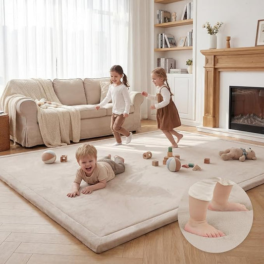 Baby Play Mat for Floor,1.3" Thick Elasti Foam Tummy Time Mat,79"×158“ Extra Large Soft Coral Velvet Nursery Rug,Non Slip Safe for Crawling,Toddlers,Infants,kids,Tatami Style for Living Room,Classroom,Playroom(Beige)