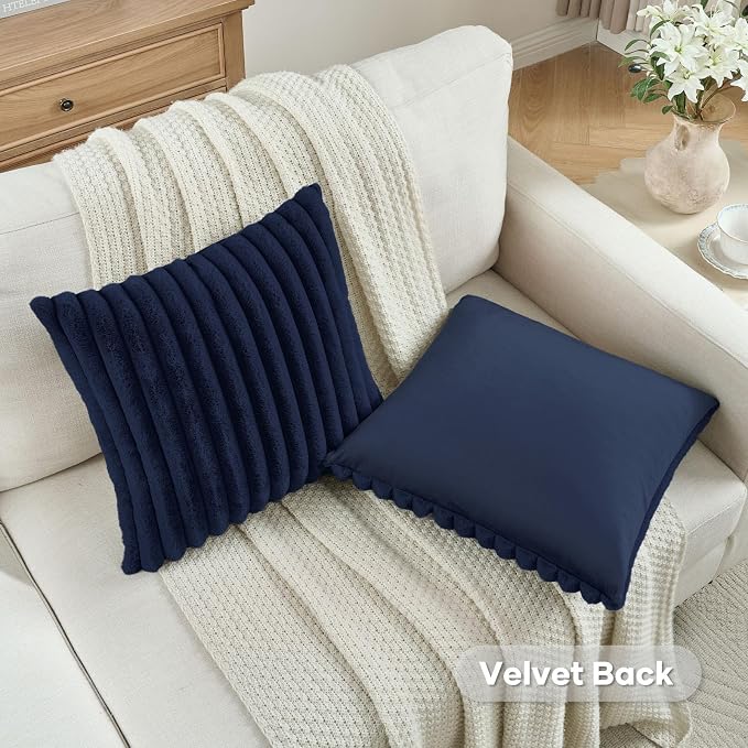 FUTEI Pack of 2 Faux Fur Throw Pillow Covers 20x20 Inch, Dark Navy | Fluffy Faux Rabbit Fur Front/Premium Velvet Back,Hidden Zipper,Machine Washable,Non-Shedding,Colorfast,Insert Not Included.
