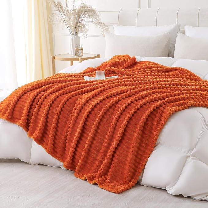 Orange Throw Blanket for Couch Sofa 50x60 inches Striped Design | Fleece Blankets Room Home Decor Lightweight Plush Soft Cozy Gifts for Women Mom