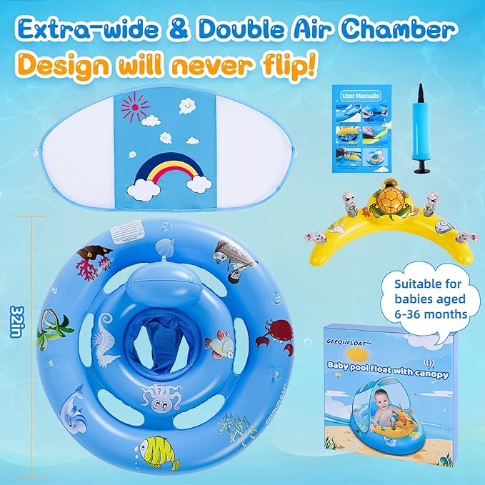 Baby Pool Float,Extra Wide Infant Pool Float,Baby Floaties 6-12 Months,Toddler Swim Float with Canopy Removable UPF50+ Sun Protection＆Toy Play Console,Adjustable Safety Seat,Toddler Floaties (Blue)