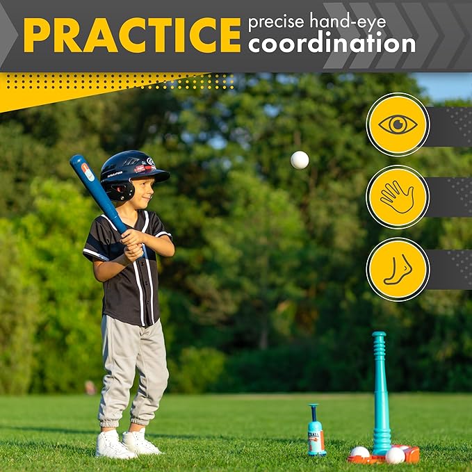 TOMLEON T Ball Stand for Kids and Toddlers 1-3, 3-5, 5-8. Baseball Set With 6 Large Balls, Adjustable Tball Batting Tee, and Pitching Machine. T-Ball Sets With Bat and Ball