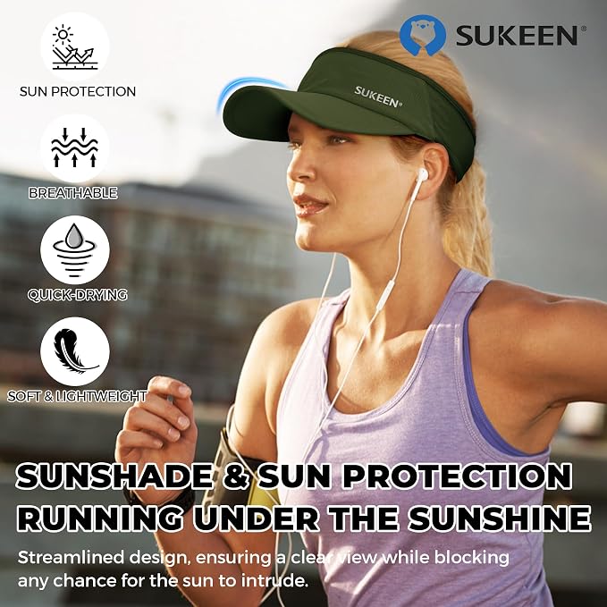Sukeen Lightweight Sports Sun Visor Hat for Men Women | Packable, breathable, quick-dry, UPF50+ cooling visor hat, stretch fit, for running, tennis, golf, pickleball, softball