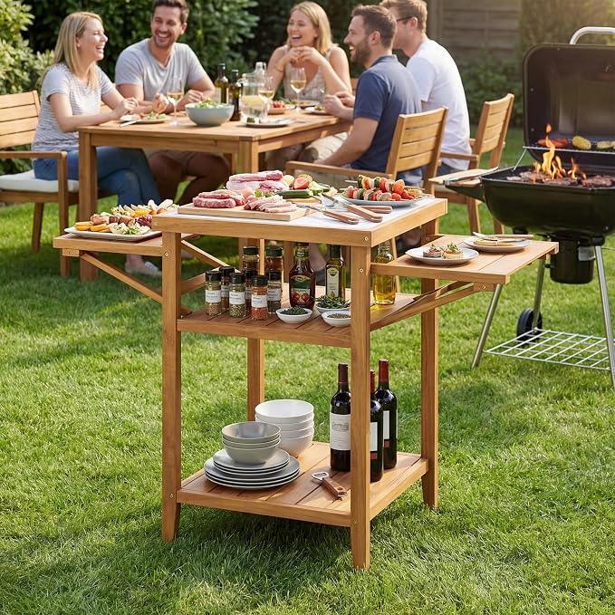 HAPPYGRILL Outdoor Wood Grill Table w/Faux Marble Top, 2-Tier Open Shelves | Outside Kitchen Island & BBQ Prep Table w/Drop-Leaf Side Panels, Acacia Wood Pizza Oven Grill Cart for Patio Backyard Party