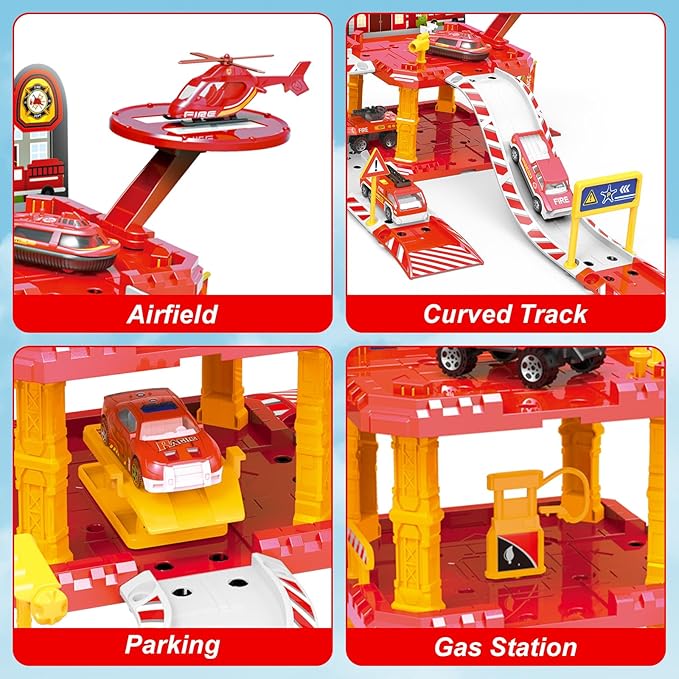 deAO Fire Station Toy Truck Car Race Tracks Vehicle Set Firefighting Playset Fire Station Pretend Play Toy with City Map Helicopter, Preschool Learning Educational Toys Birthday Gifts for Boys Girls