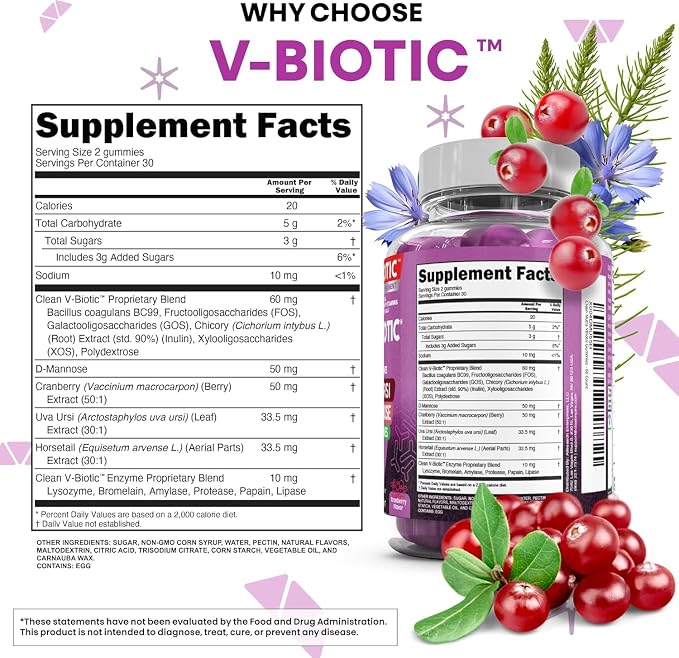 Vaginal Probiotic Gummies For Women | Prebiotics Cranberry D-Mannose Uva-Ursi Digestive Enzymes | Vaginal Health Supplement pH Balance to Promote Healthy Vaginal Odor & Flora Cranberries Gummy Vitamin