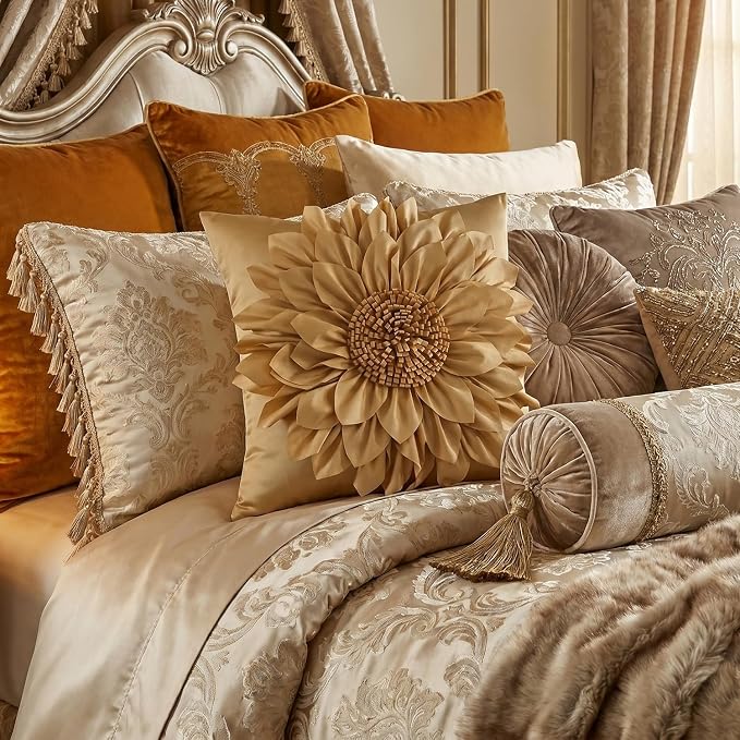 Gold Accent 3D Flower Decorative Throw Pillow Covers for Bed Sofa Couch | Bella's Giftshop Handmade Sunflower Taffeta Pillow Cases Living Room Bedroom Decor, 18x18 Inch