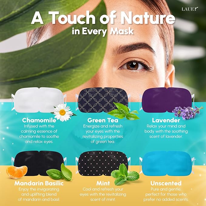 Heated Eye Steam Mask Dry Eyes Self Warm Compress Dark Circles Puffiness Set of Scent (Lavender, Chamomile, Green Tea, Mint, Mandarin Basilic, Unscented) Pack of Masks for Women