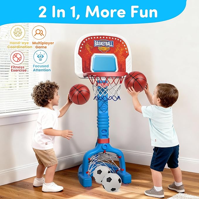 PJG Toddler Basketball Hoop & Soccer Goal, Adjustable Indoor Basketball Hoop for Kids, Baby Toy Mini Basketball Hoops with 4 Balls for Boys and Girls Birthday