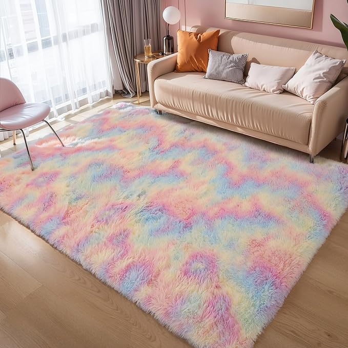 6x9 Rainbow Unicorn Rug for Kids Bedroom, Soft Plush Shag Carpet | Pastel Rainbow Area Rug for Girls Bedroom, Living Room, Nursery, Washable Non Slip Plush Carpet