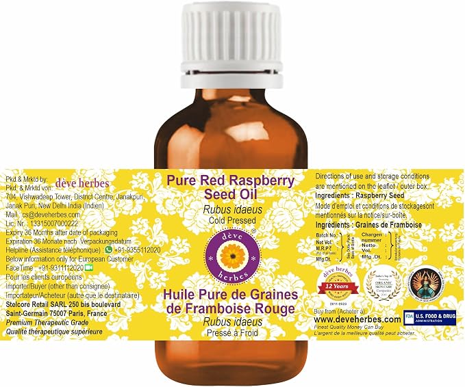 dève herbes Pure Red Raspberry Seed Oil (Rubus idaeus) Cold Pressed (Pack of Five) 100ml X 5 (16.9 oz)