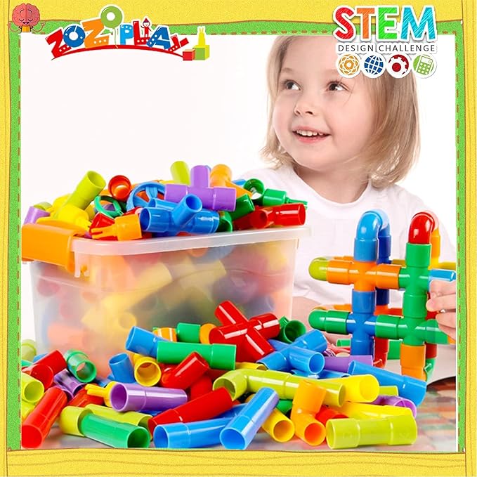 ZOZOPLAY STEM Toys Tube Locks, 72 Piece Tubular Pipes & Spouts & Joints & Whistles & Trumpet Toy, Learning Educational Building Block Set with Whistles Gift for Boys Girls