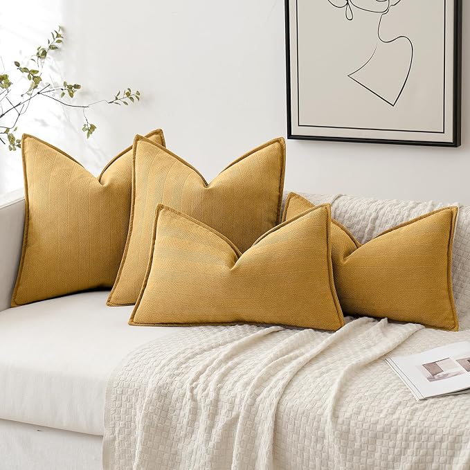 MIULEE Pack of 2 Gold Decorative Chenille Pillow Covers 16x16 Inch | Soft Couch Throw Pillows,Farmhouse Cushion Covers with Elegant Design for Sofa,Bedroom,Living Room,Spring Home Decor