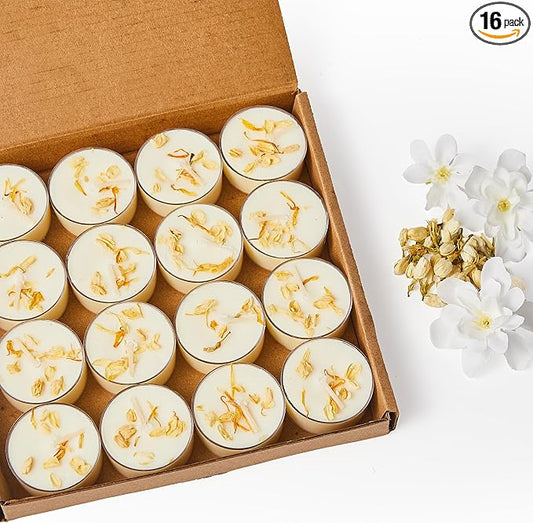 Ashlux 4-Hour Acrylic Jasmine Soy Wax Scented Tea Lights, 16 Pack Bulk | 4-Hour Long Burning, Non-Paraffin, Smokeless, Tealight Candles for Weddings, Table Centerpieces, Home Decor & Christmas
