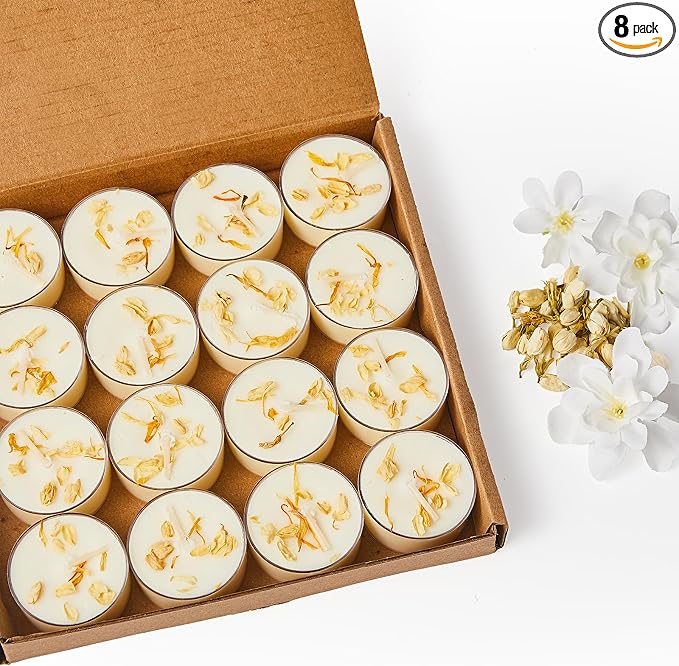 Ashlux 4-Hour Acrylic Jasmine Soy Wax Scented Tea Lights, 8 Pack Bulk | 4 Hour Long Burning, Non-Paraffin, Smokeless, For Weddings, Table Centerpieces, Home Decor & Christmas