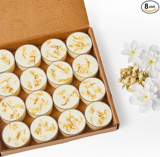 Ashlux 4-Hour Acrylic Jasmine Soy Wax Scented Tea Lights, 8 Pack Bulk | 4 Hour Long Burning, Non-Paraffin, Smokeless, For Weddings, Table Centerpieces, Home Decor & Christmas