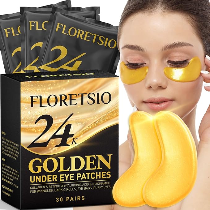 Under Eye Patches for Dark Circles - 24K Gold Collagen Cooling Gel Eye Mask with Retinol & Hyaluronic Acid, Jet Lag Support, Reduces Puffy Eyes & Fine Lines Delays Aging Treatment Women/Men(30 Pairs)
