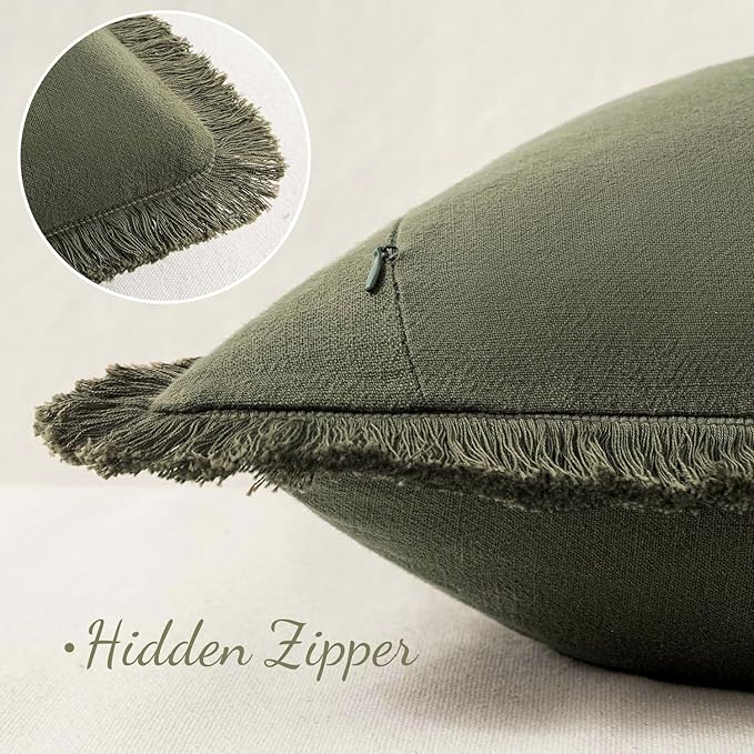 MIULEE Linen Fringe Decorative Euro Throw Pillow Covers Olive Green 26x26 | Set of 2, Cottagecore Decor, Boho Farmhouse Neutral Pillow Covers, Rustic Couch Cushion Cases for Sofa Bed Living Room