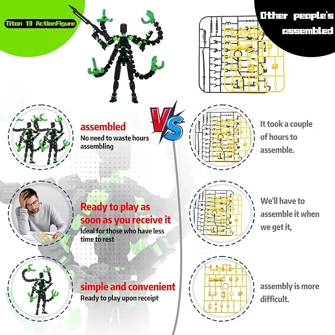 Already Assembled T13 Action Figure Accessories, T13 Multi-Jointed Movable,for Collectors Desktop Decorations t-13 Movability 3D Printed Toys (Black Green, 5.5 Inch)
