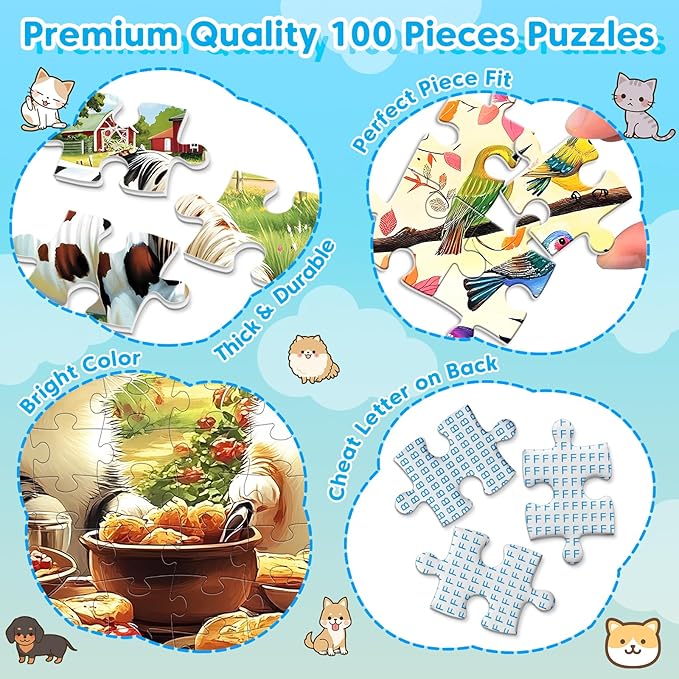 4 Packs 100 Piece Puzzles for Kids Ages 4-6 6-8 8-10, Dogs Cats Farms Birds Educational Jigsaw Puzzles, Kids Puzzles 5-8 Gifts for Girls Boys Adults Seniors 15x11in