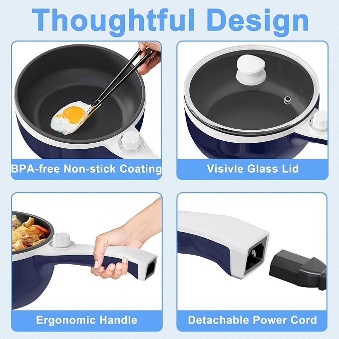 Dezin Electric Pot, 1.5L Non-Stick Portable Hot Pot Electric Upgraded, 700W | Dual Power, Electric Pot for Cooking Steak, Egg, Oatmeal, Mini Ramen Cooker for Dorm, Travel, Camping, RV, Office, Navy Pan