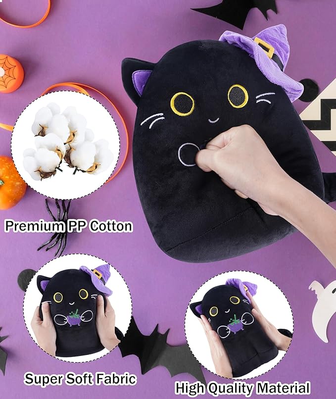 Halloween Stuffed Animal Cat Plush – Cute Halloween Decor Accessory Black Cat Plushie with Witch Hat 10 Inch Holiday Stuffed Animal